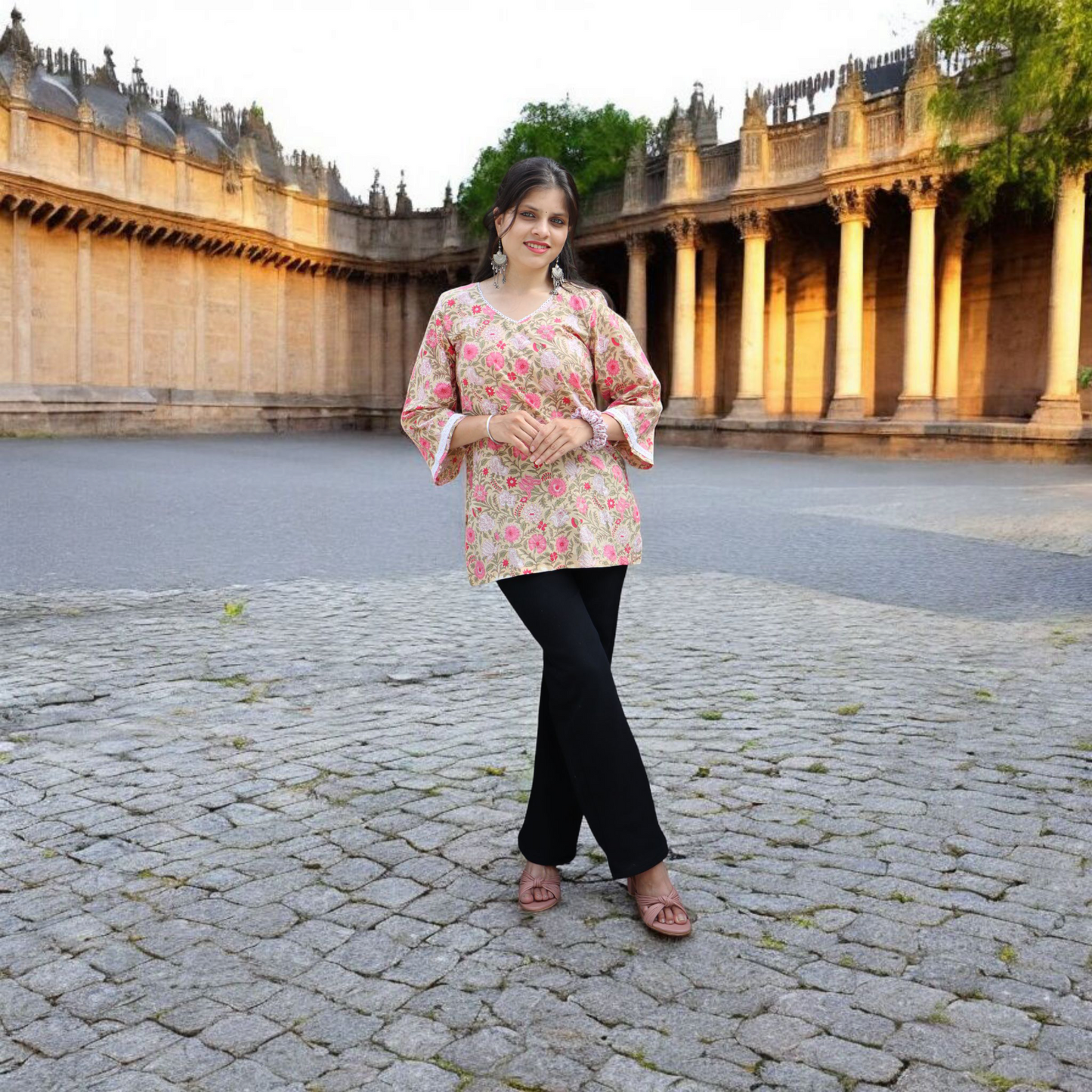Bloomy Pink Bell Sleeves Short Kurti