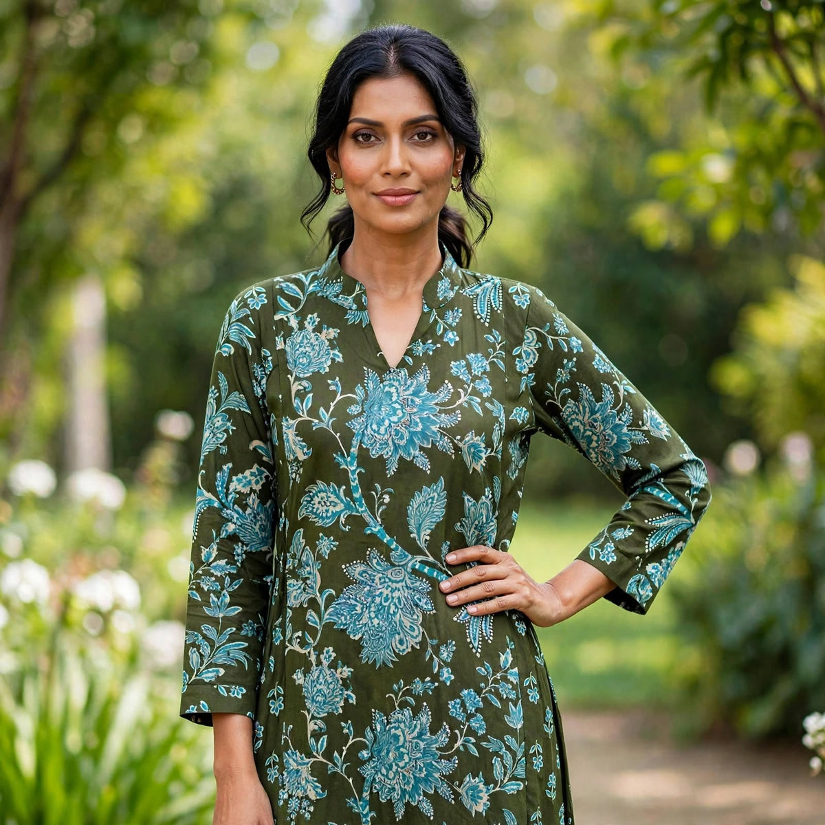Olive Floral Printed Kurta Set