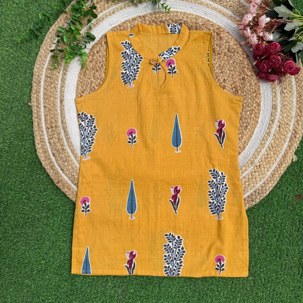 Mustard yellow handblock print kurti
