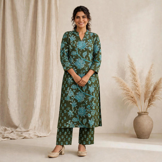Olive Floral Printed Kurta Set