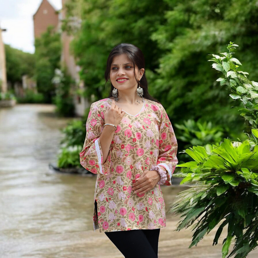 Bloomy Pink Bell Sleeves Short Kurti