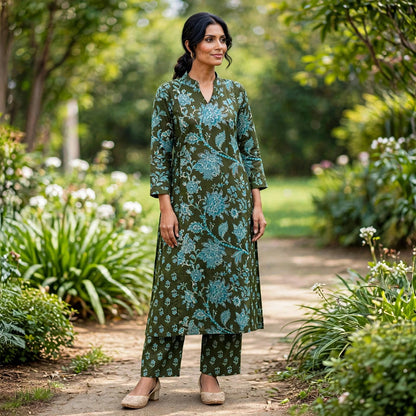 Olive Floral Printed Kurta Set