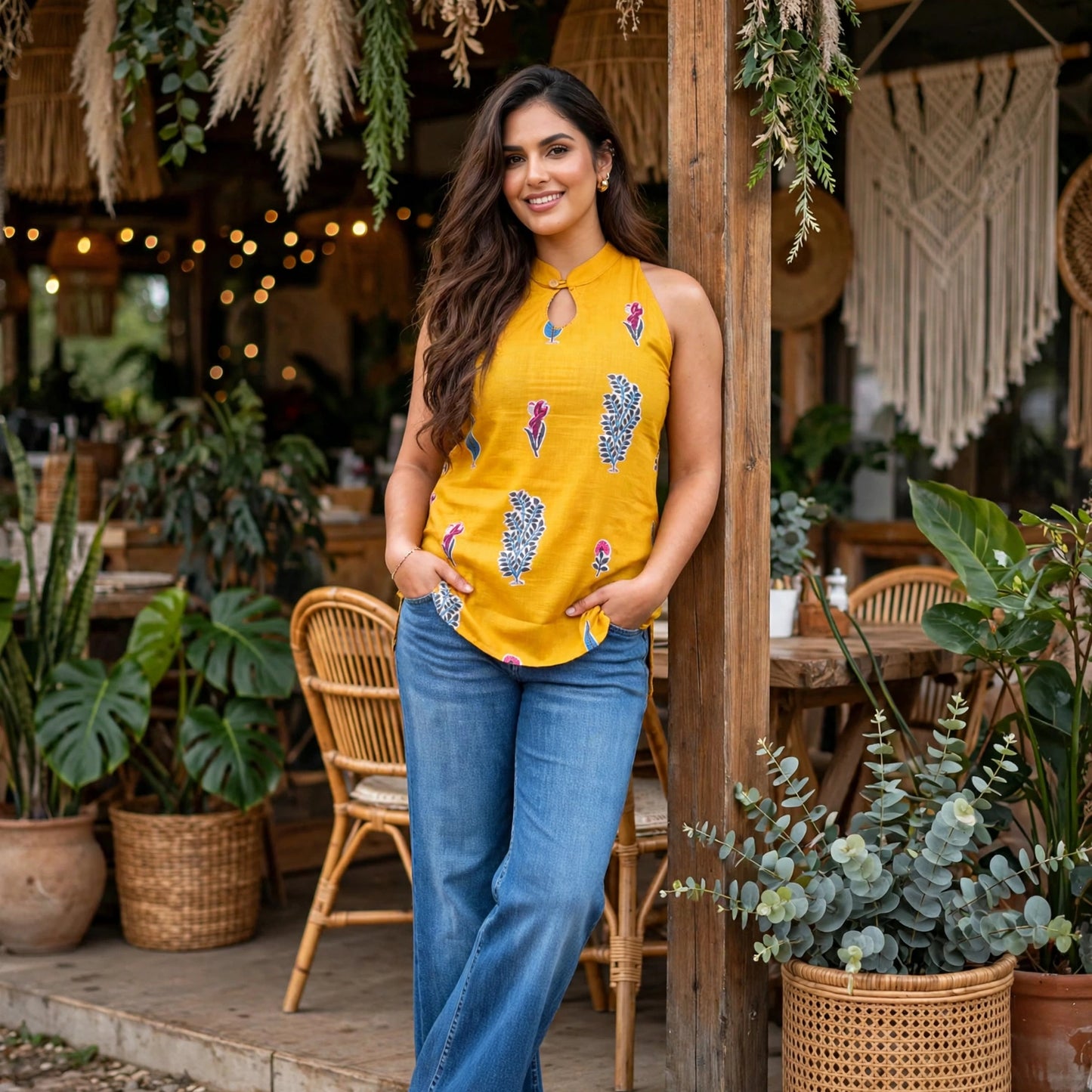 Mustard yellow handblock print kurti