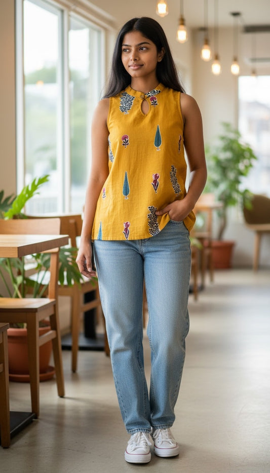 Mustard yellow handblock print kurti