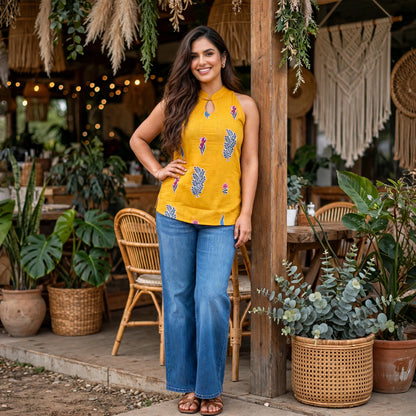Mustard yellow handblock print kurti