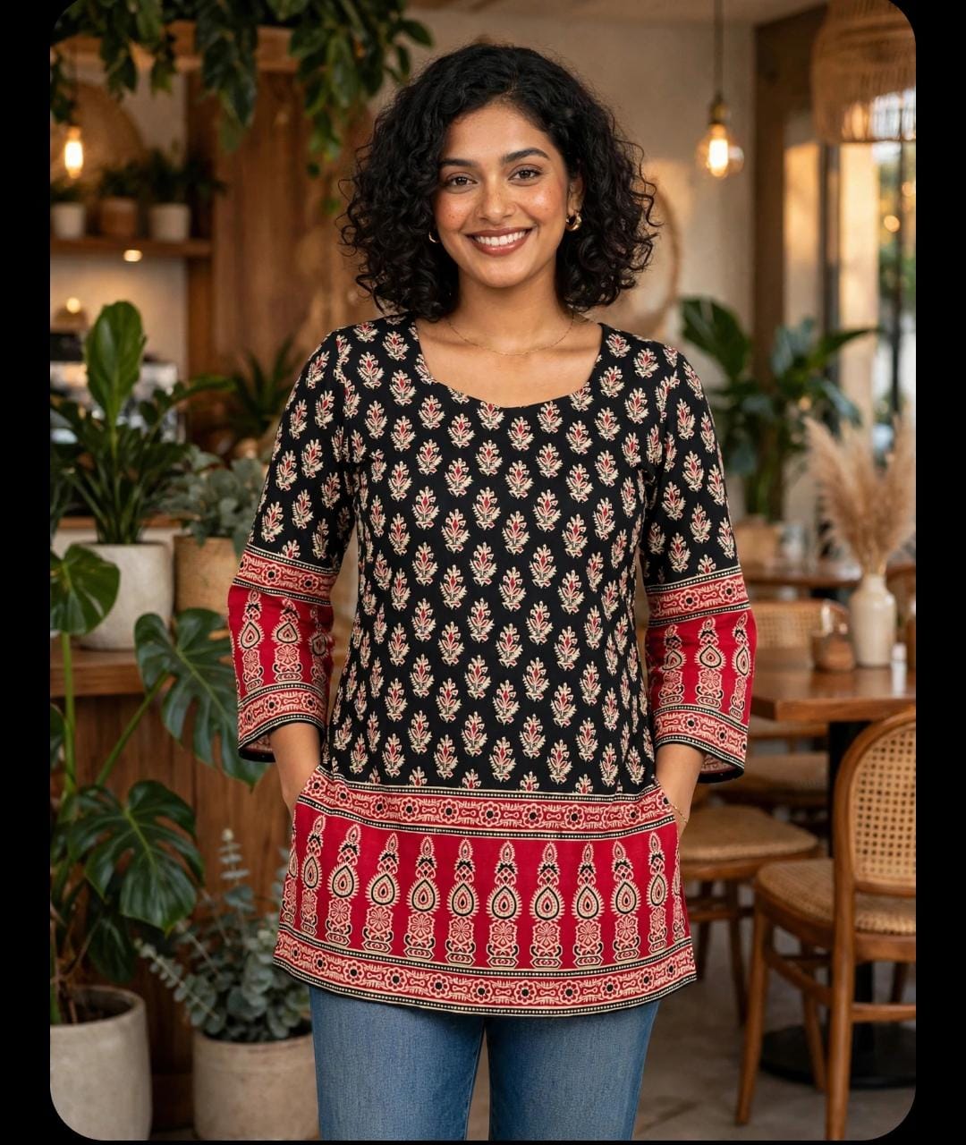 Black Ajrakh Bell Sleeves Short Kurti.