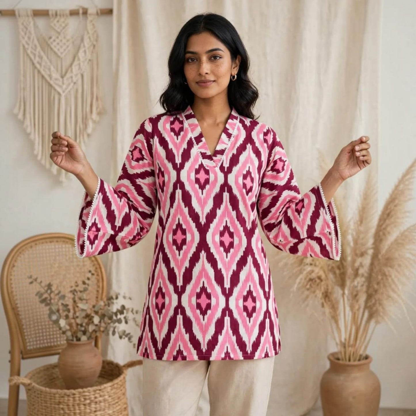 Peony Pink Bell Sleeves Short Kurti.