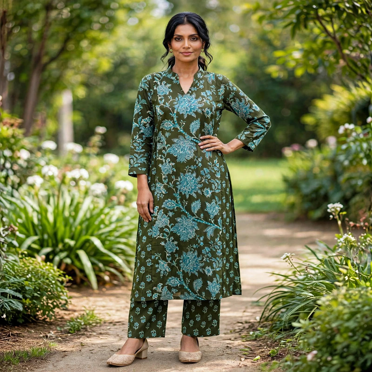 Olive Floral Printed Kurta Set