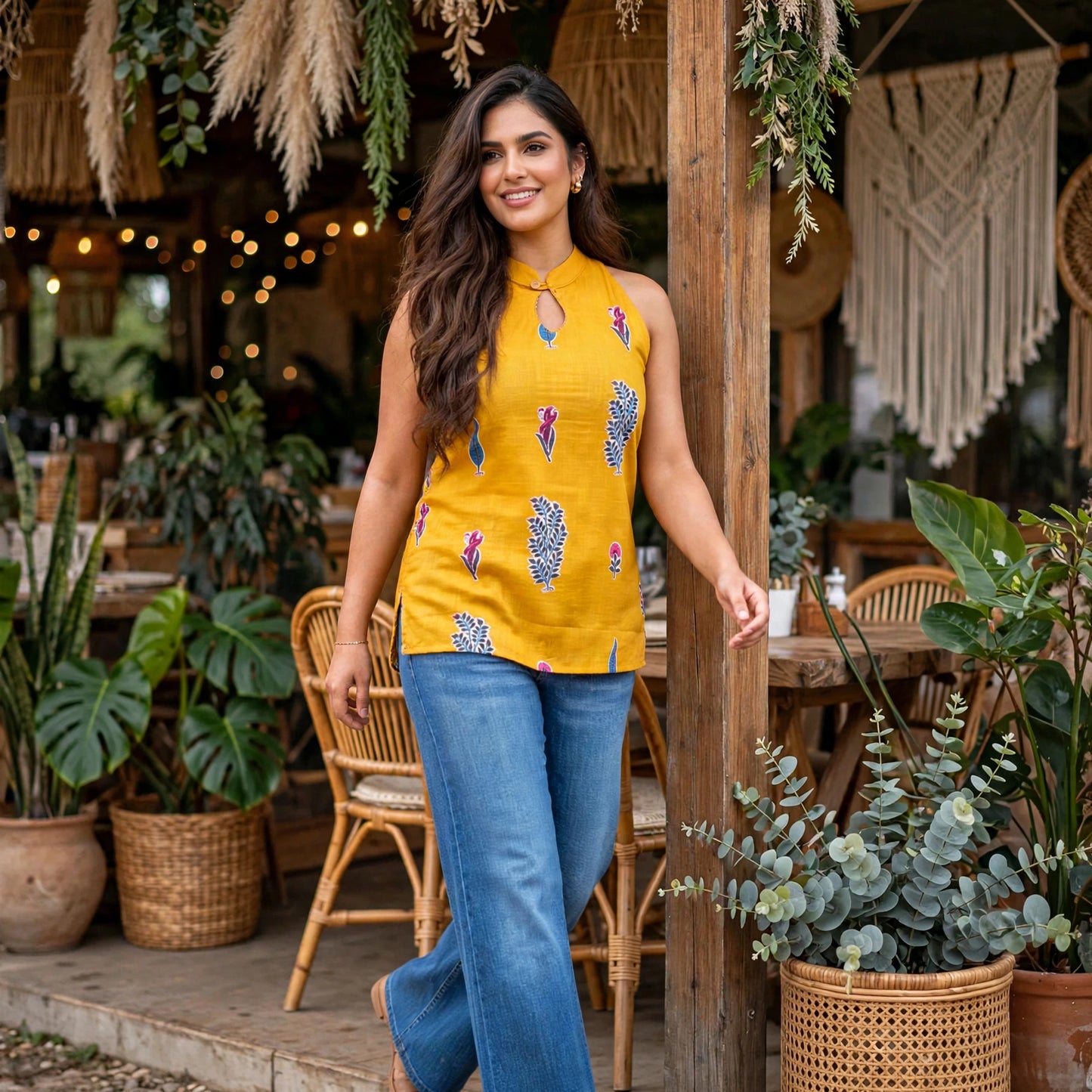 Mustard yellow handblock print kurti