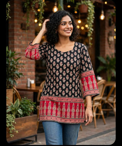 Black Ajrakh Bell Sleeves Short Kurti.