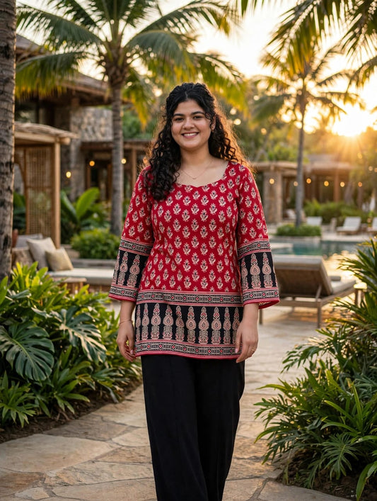 Red Ajrakh Bell Sleeves Short Kurti.