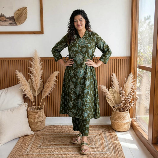Olive Floral Printed Kurta Set