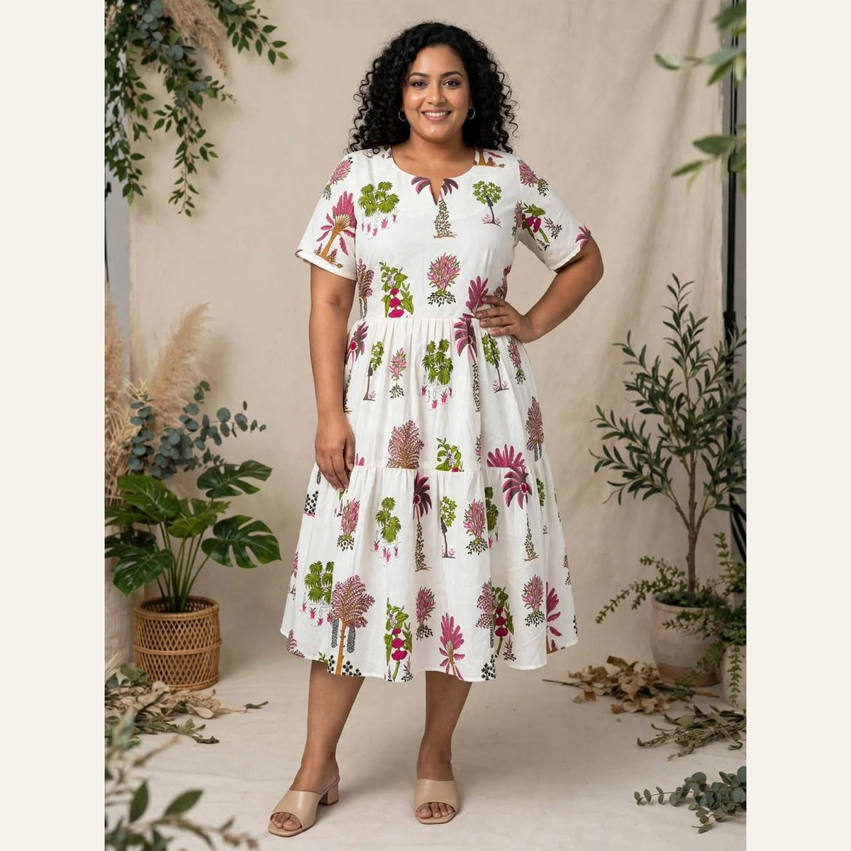 Floral White Midi Drees