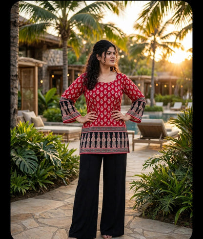 Red Ajrakh Bell Sleeves Short Kurti.
