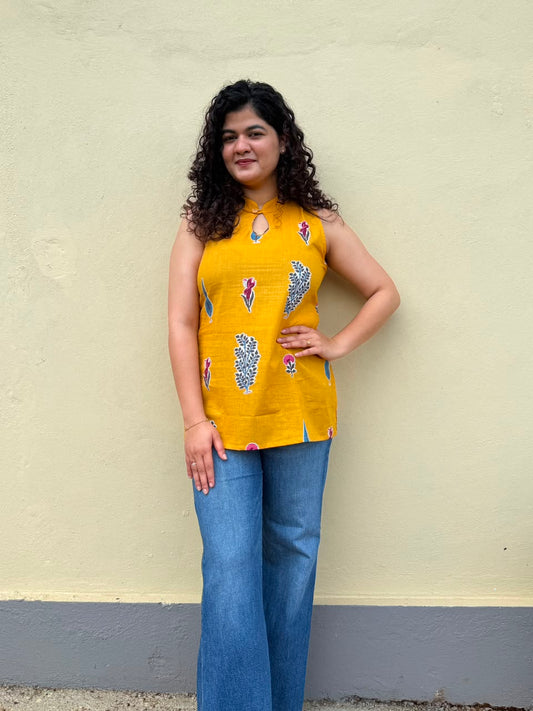 Mustard yellow handblock print kurti