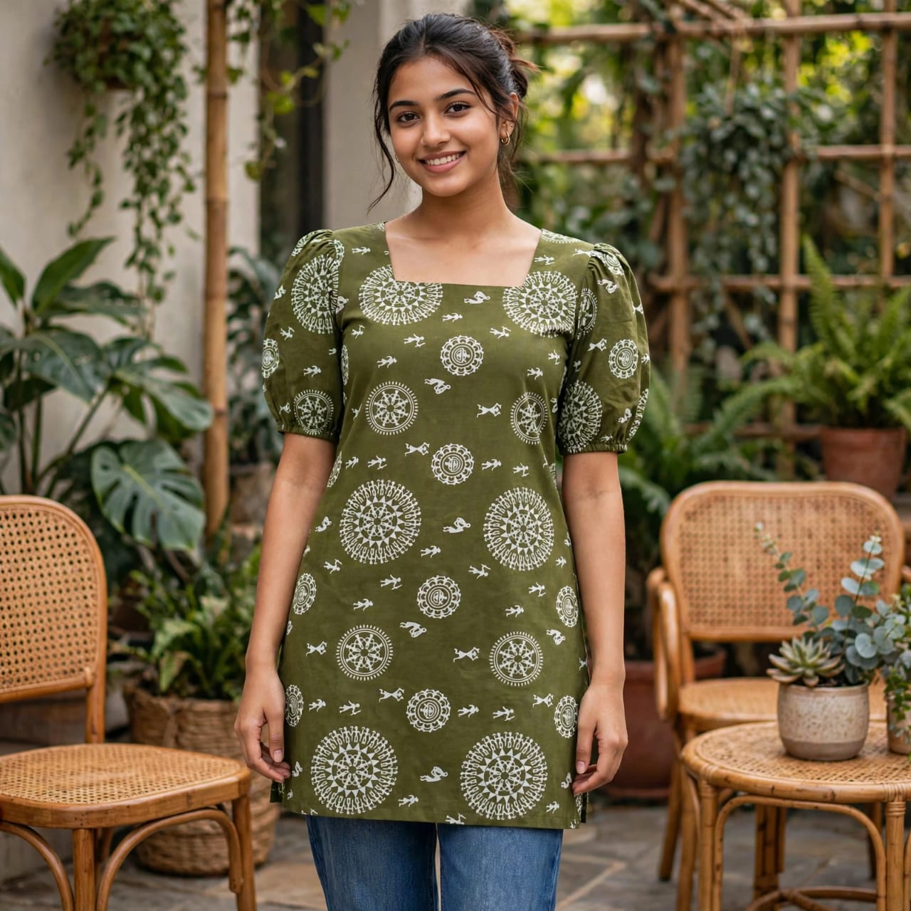 Olive Green warli short kurti